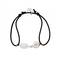 bracelet cordon coton  et argent oeil de ste lucie et feuille