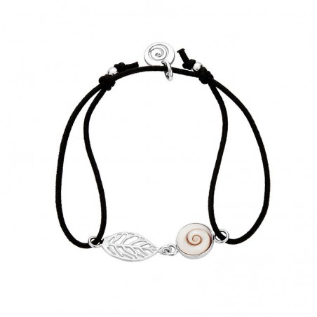 bracelet cordon coton  et argent oeil de ste lucie et feuille