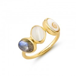 Bague dorée à l'or fin ornée de pierres semi-précieuse et d'un oeil de sainte lucie