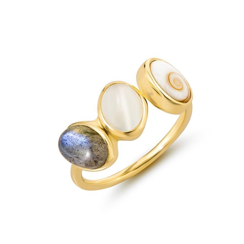 Bague dorée à l'or fin ornée de pierres semi-précieuse et d'un oeil de sainte lucie