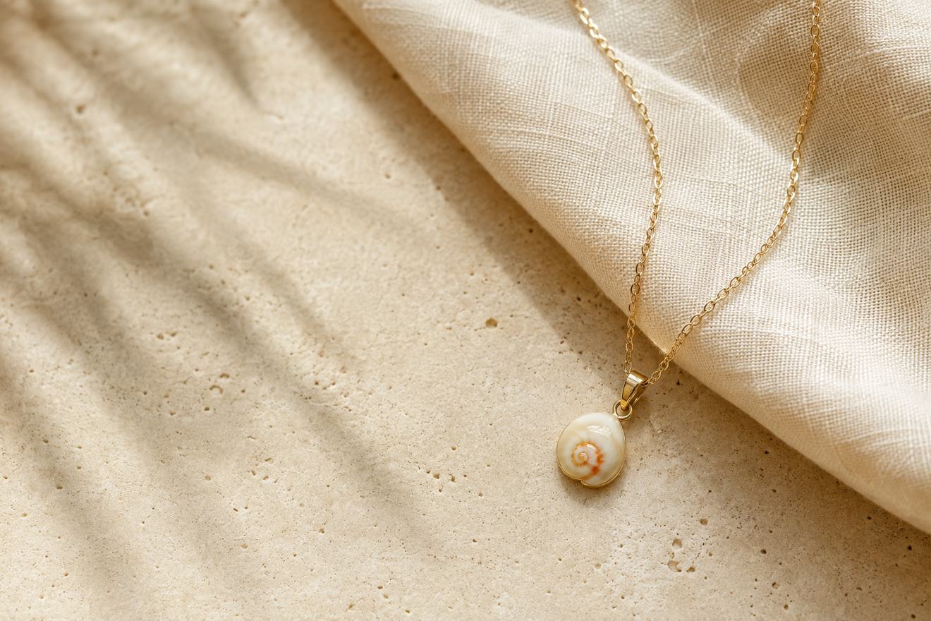 Pendentif Œil de Sainte-Lucie doré sur du lin et de la pierre claire